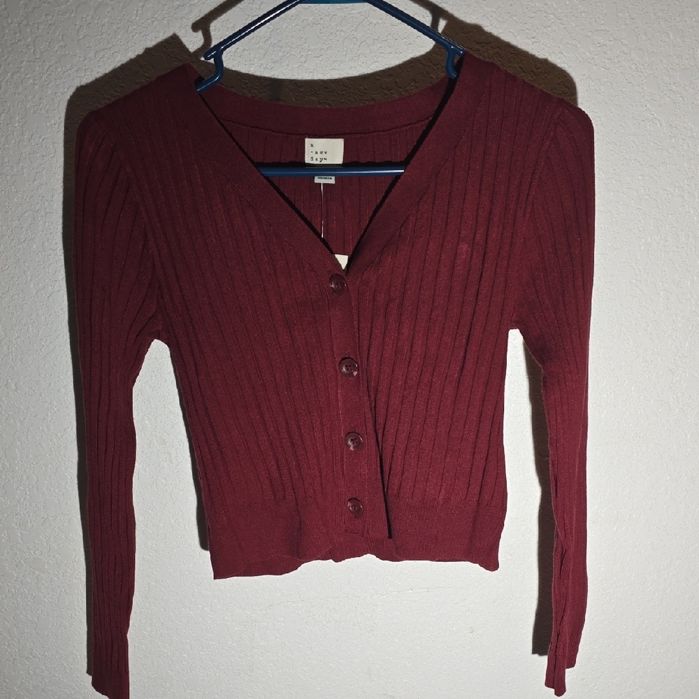 a new day Deep Red Ribbed Cardigan